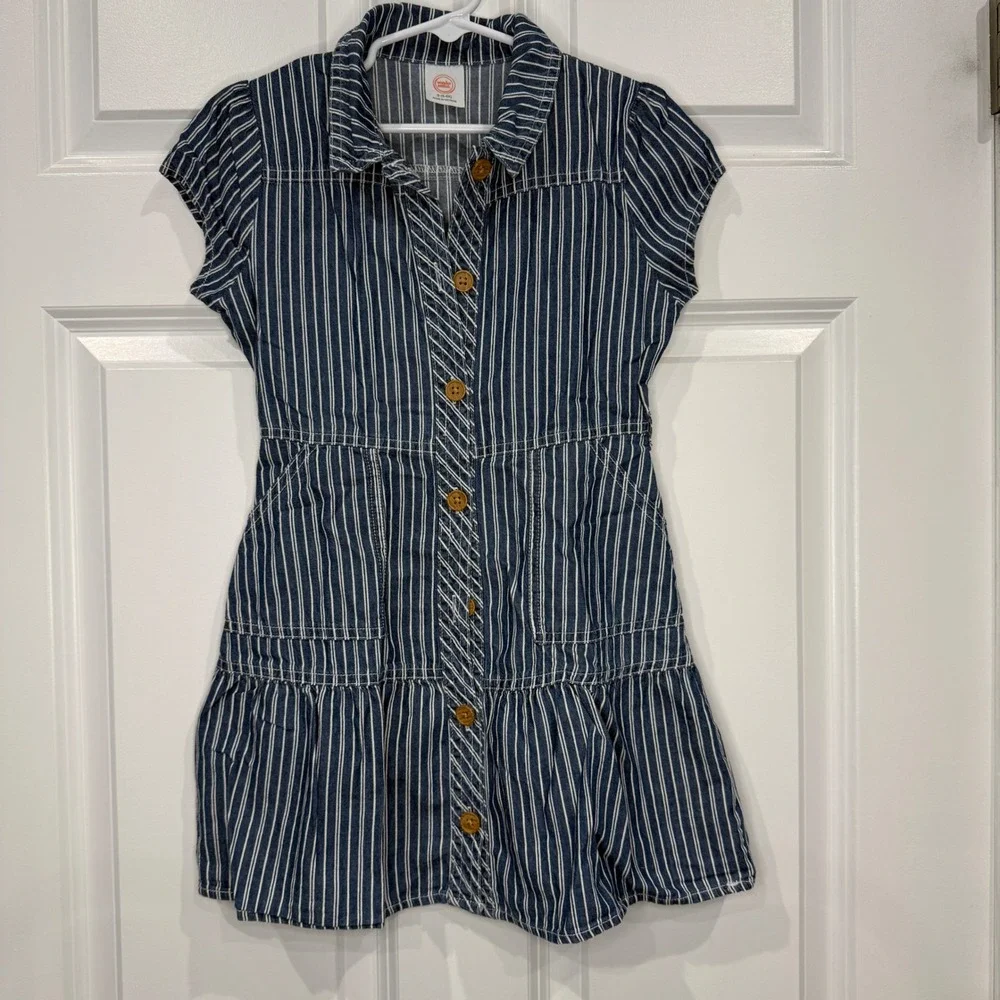 Wonder Nation Girls Blue White Striped Denim Button Down Dress‎ Size S 6-6X